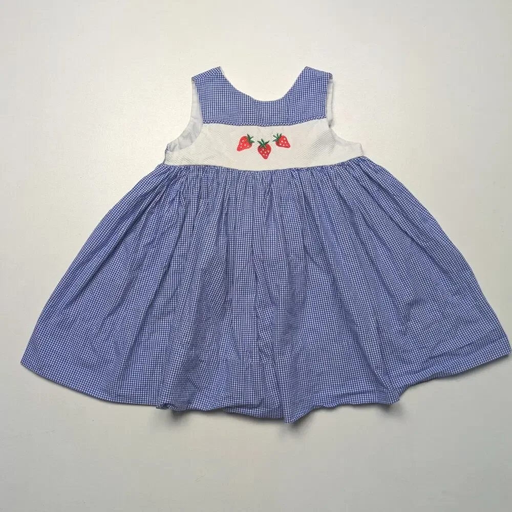 Vintage Peppermint Pony Dress Girls Size 2T Blue Gingham Strawberry Sundress - Picture 1 of 5